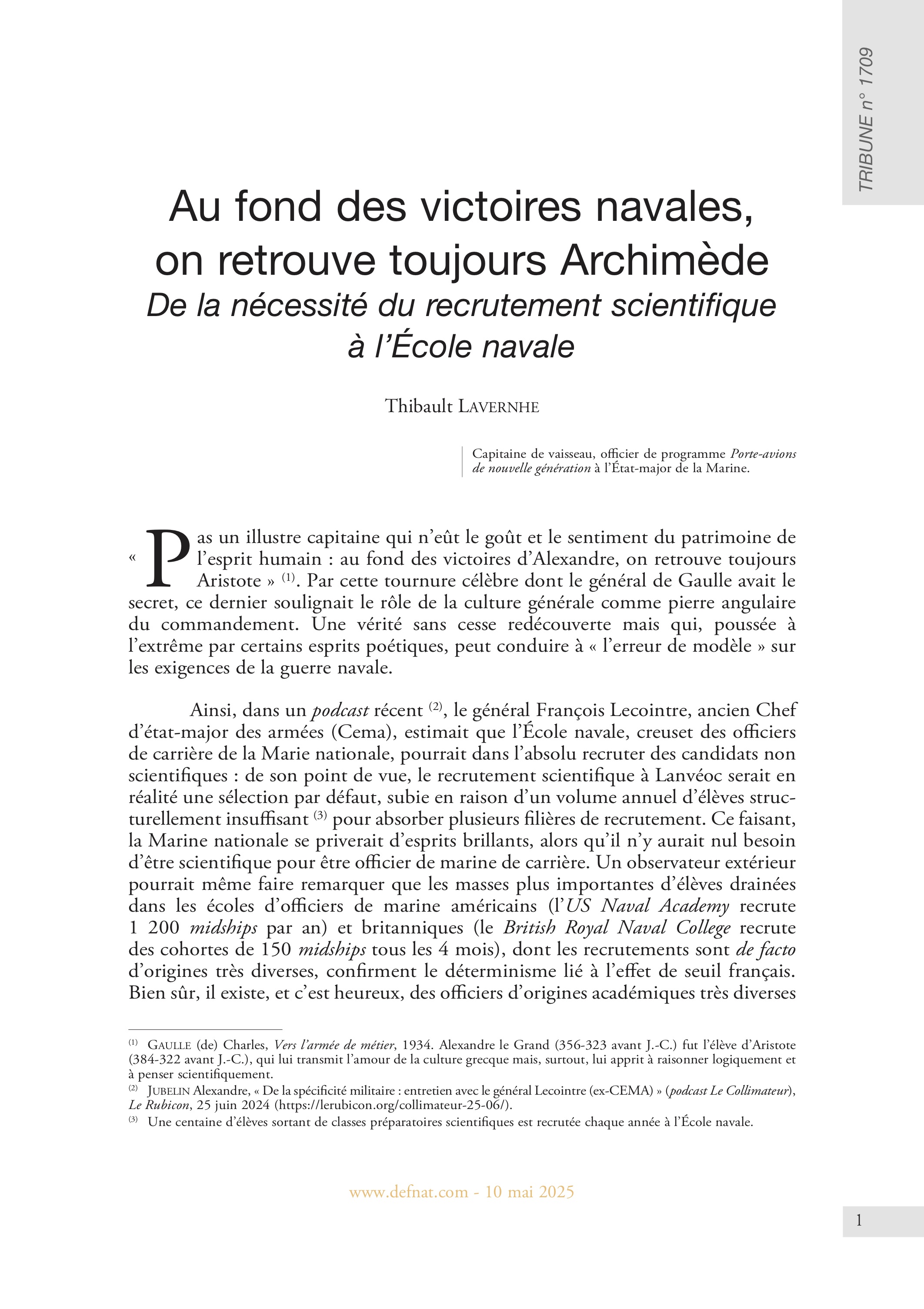Au fond des victoires navales, on retrouve toujours Archimède – De la nécessité du recrutement scientifique à l’École navale (T 1709)
